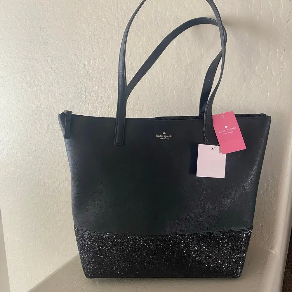 Kate Spade New York Tote Bag Purse Handbag Black Glitter Large - Picture 1 of 4